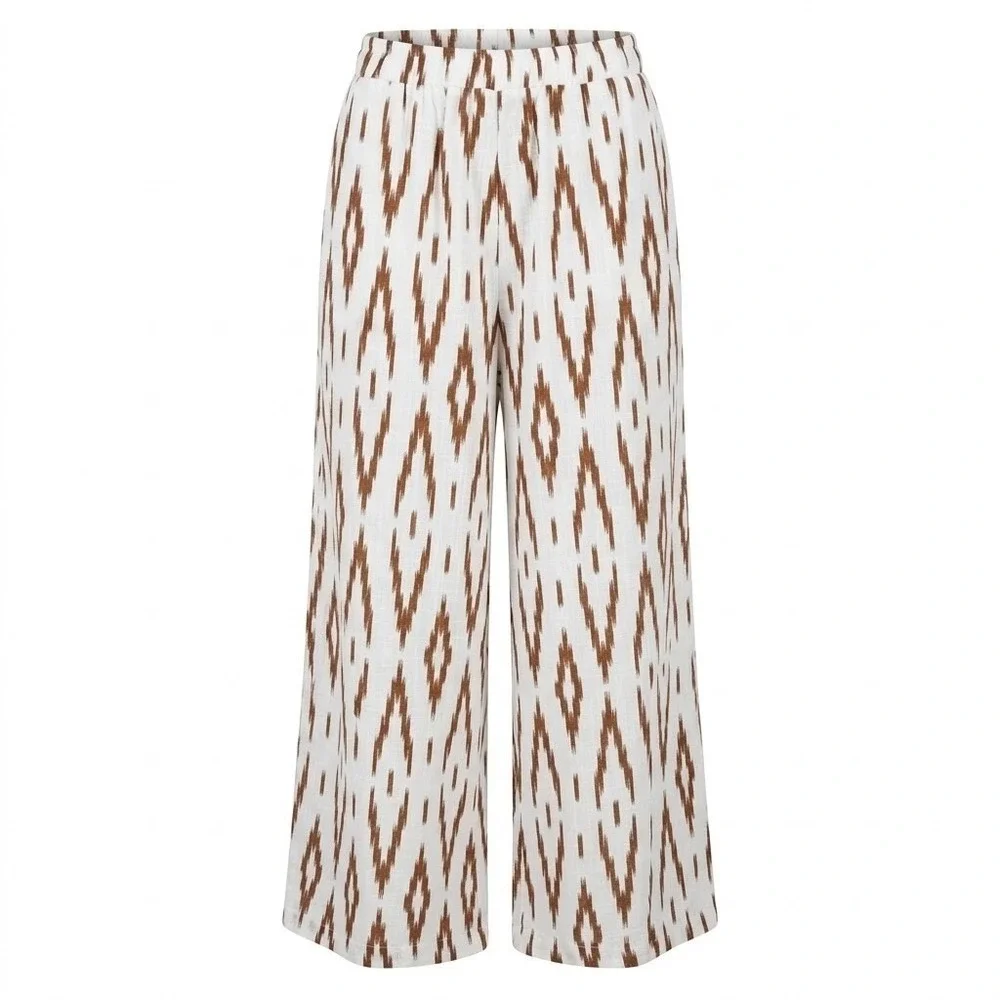 NEW‎ Vince Camuto 3X White Brown Ikat Linen Blend Wide Leg Crop Drawstring Pants